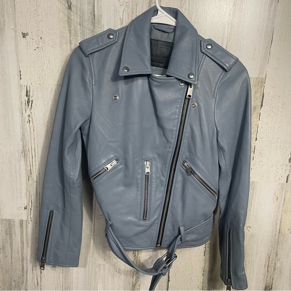All Saints Moto Biker Zippered Belted 100% Lamb Leather Jacket size 0 Blue Gray - Picture 9 of 11